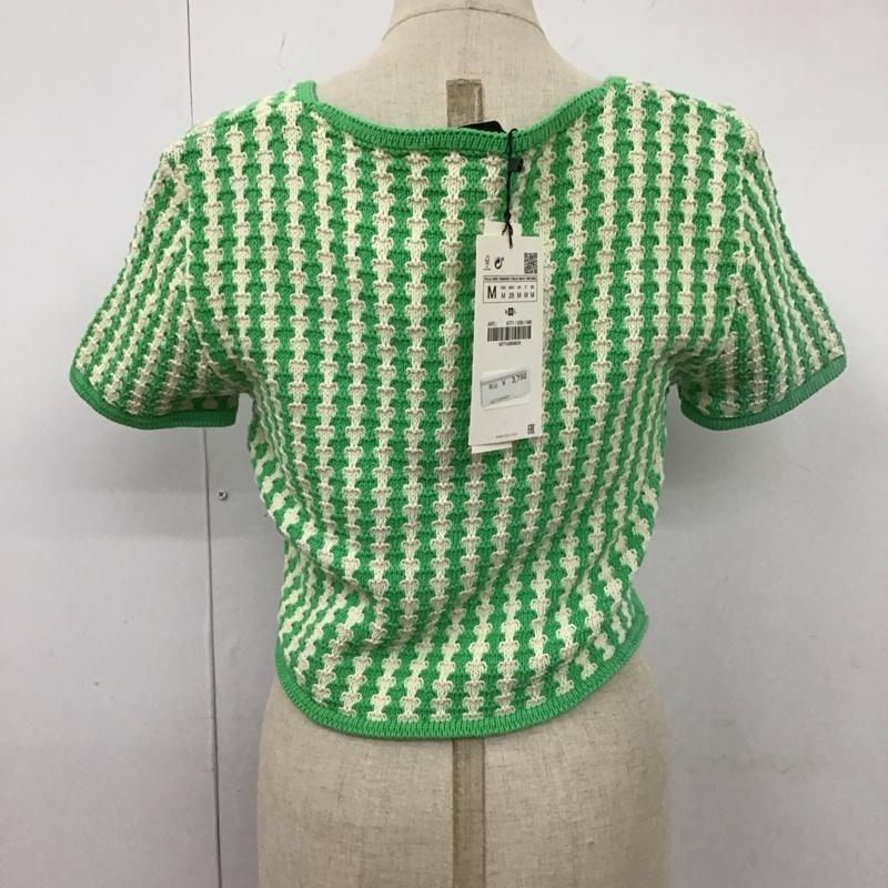 ザラ ZARA カーディガン 半袖 6771 039 098 クロップド丈 スクエアネック タグ付き M  緑 / グリーン / X アイボリー / アイボリー /  レディース USED 古着 中古 10122563