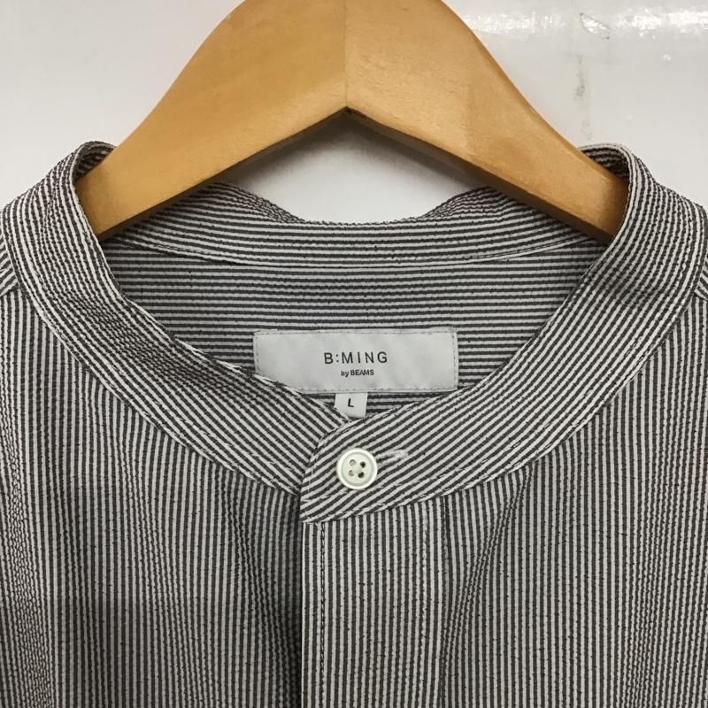 ビーミング バイ ビームス B:MING by BEAMS シャツ、ブラウス 長袖 長袖シャツ ストライプシャツ ノーカラーシャツ ストレッチ L ストライプ 白 / ホワイト / X 灰 / グレー /  メンズ USED 古着 中古 10139527