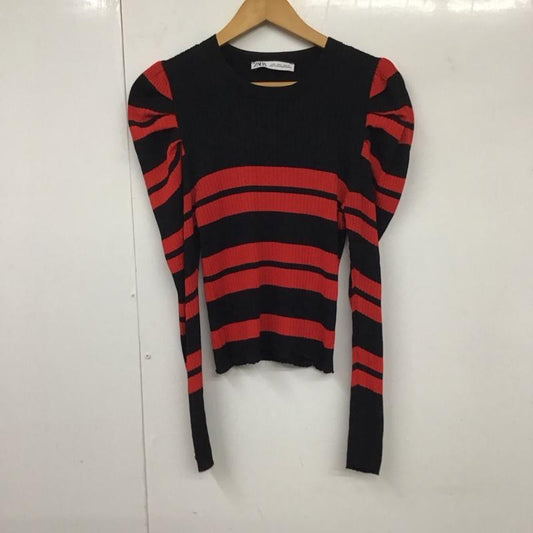 ザラ ZARA カットソー 長袖 L ボーダー柄 黒 / ブラック / X 赤 / レッド /  レディース USED 古着 中古 10131620