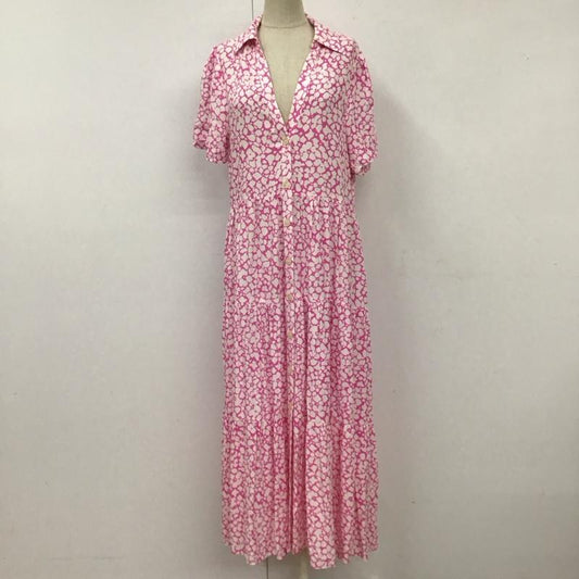 ザラ ZARA ワンピース ロングスカート 半袖 スキッパー ティアード XS 総柄 桃 / ピンク / X 白 / ホワイト /  レディース USED 古着 中古 10116781