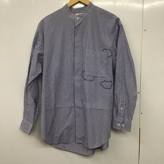 ユニクロ UNIQLO シャツ、ブラウス 長袖 331-436115 スーピマコットンオーバーサイズスタンドカラーシャツ 長袖シャツ M ストライプ 白 / ホワイト / X 青 / ブルー /  メンズ USED 古着 中古 10138219