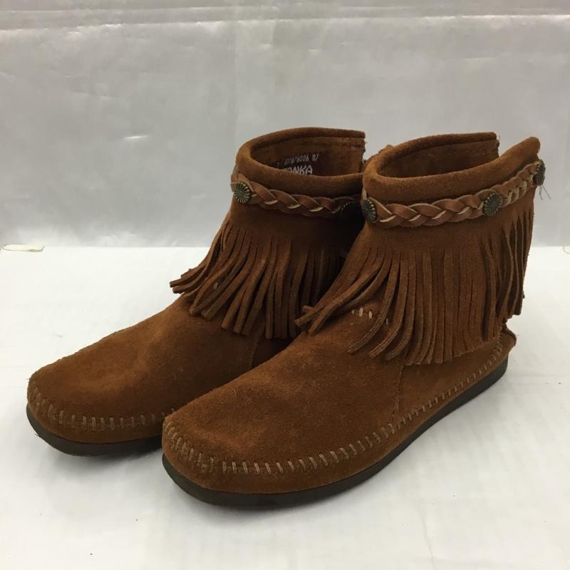 ミネトンカ Minnetonka ブーツ ショートブーツ 292X バックジップブーツ earth music&ecology コラボ フリンジ 無地 茶 / ブラウン /  レディース USED 古着 中古 10105965