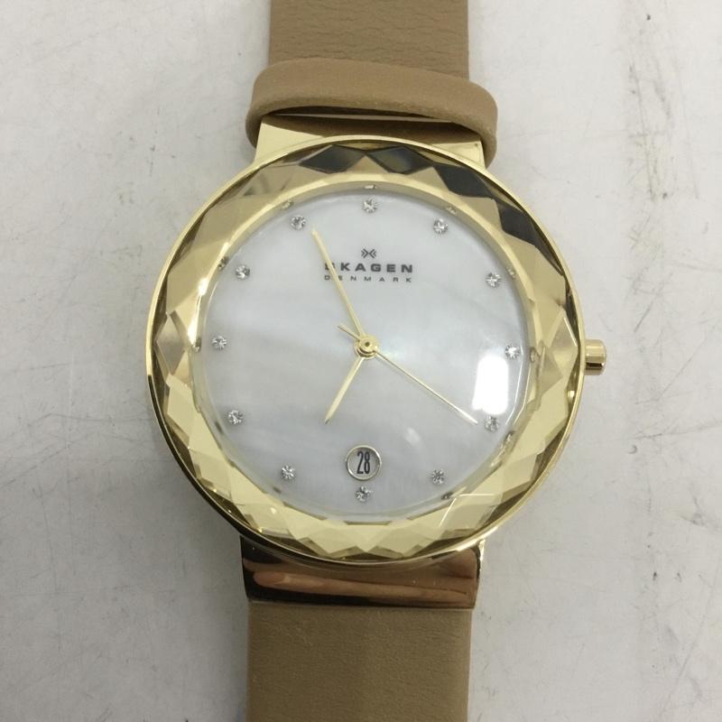 スカーゲン SKAGEN 腕時計 アナログ（クォーツ式） SKW2166 レザーベルト ロゴ、文字 ベージュ / ベージュ / X 金 / ゴールド /  レディース USED 古着 中古 10135181