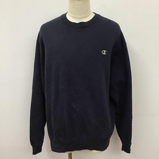 チャンピオン Champion トレーナー 長袖 長袖トレーナー スウェット クルーネック リブスウェットカットソー XL ロゴ、文字 紺 / ネイビー /  メンズ USED 古着 中古 10118258