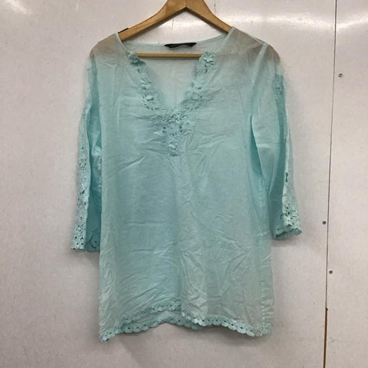 ザラ ZARA カットソー 七分袖 Vネック M 花柄 水色 / ライトブルー /  レディース USED 古着 中古 10133726