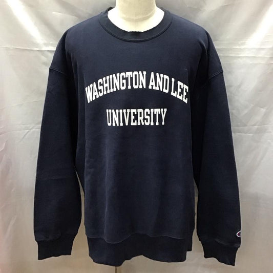 チャンピオン Champion トレーナー 長袖 長袖トレーナー スウェット クルーネック リブスウェットカットソー 古着 XXL ロゴ、文字 紺 / ネイビー /  メンズ USED 古着 中古 10114380
