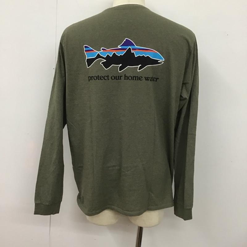 パタゴニア patagonia カットソー 長袖 37574 ロングスリーブホームウォータートラウトレスポンシビリティー プリントTシャツ L ロゴ、文字 カーキ / カーキ /  メンズ USED 古着 中古 10126743