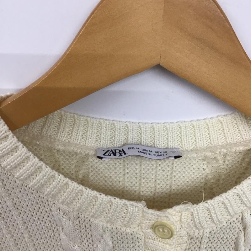 ザラ ZARA カーディガン 半袖 半袖ニットカーディガン 前ボタン リブニット ショート丈 M 総柄 アイボリー / アイボリー /  レディース USED 古着 中古 10147674