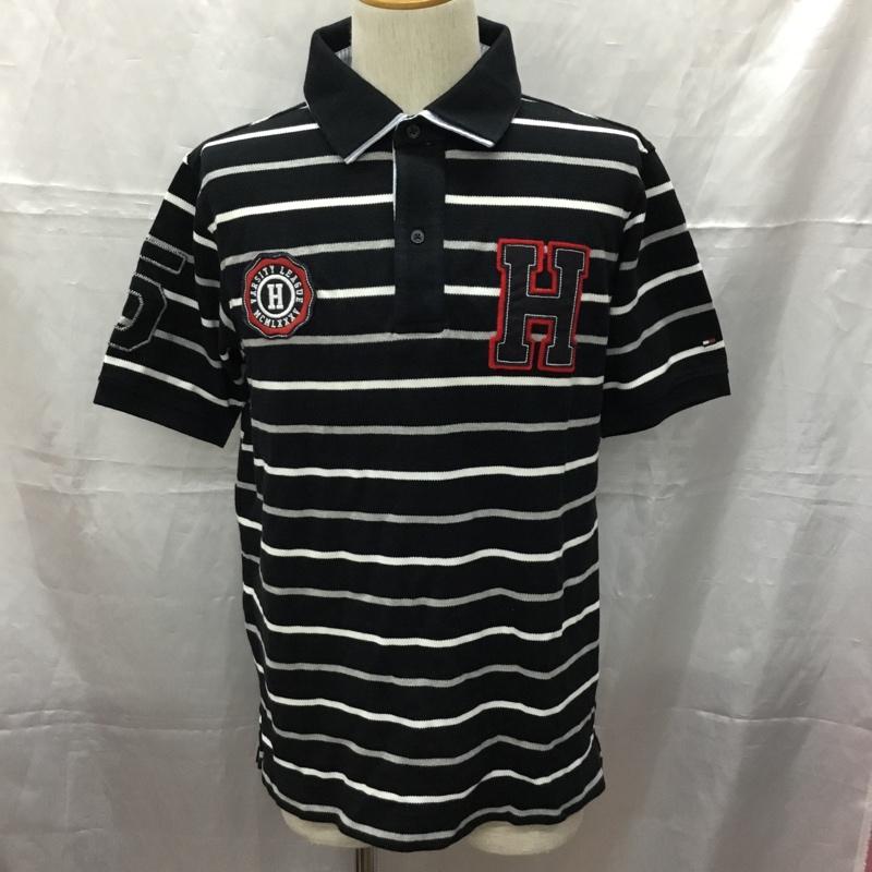 トミーヒルフィガー TOMMY HILFIGER ポロシャツ 半袖 L ロゴ、文字 X ボーダー柄 黒 / ブラック / X 白 / ホワイト /  メンズ USED 古着 中古 10112779