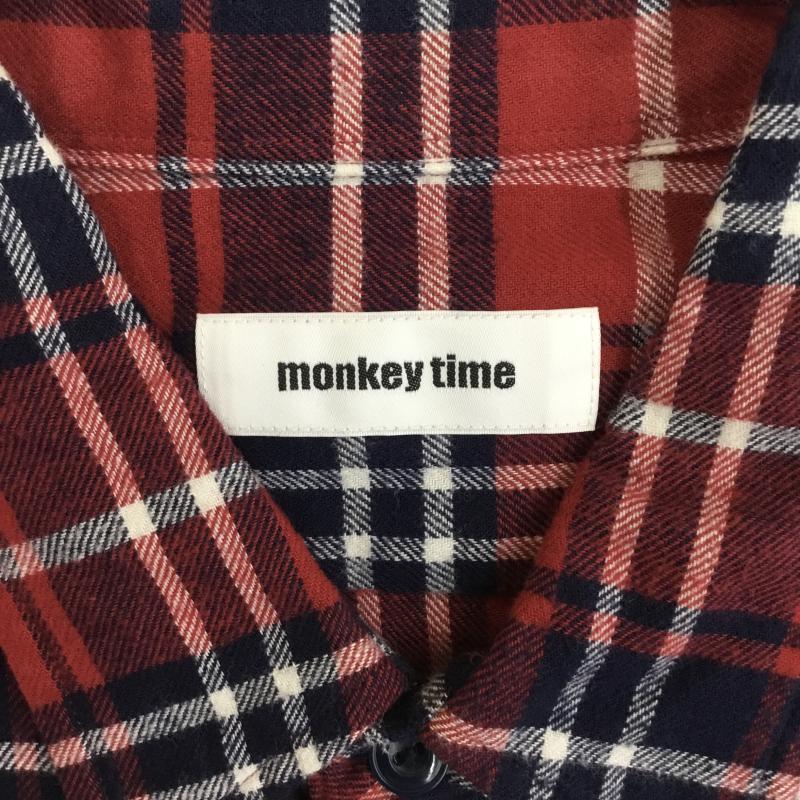モンキータイム MONKEY TIME シャツ、ブラウス 長袖 monkey time MT ∴ ナンバー プリント ビエラチェック シャツ 1 チェック 赤 / レッド /  メンズ USED 古着 中古 10135896