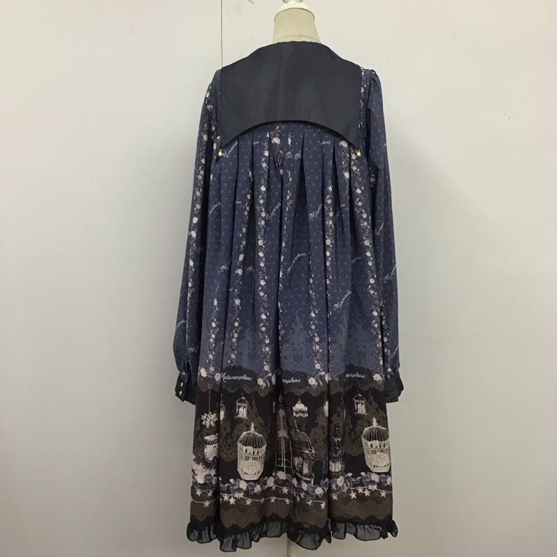 メタモルフォーゼ Metamorphose ワンピース ひざ丈スカート 長袖ワンピース フレアワンピース 袖フリル セーラーカラー 総柄 紺 / ネイビー /  レディース USED 古着 中古 10124134
