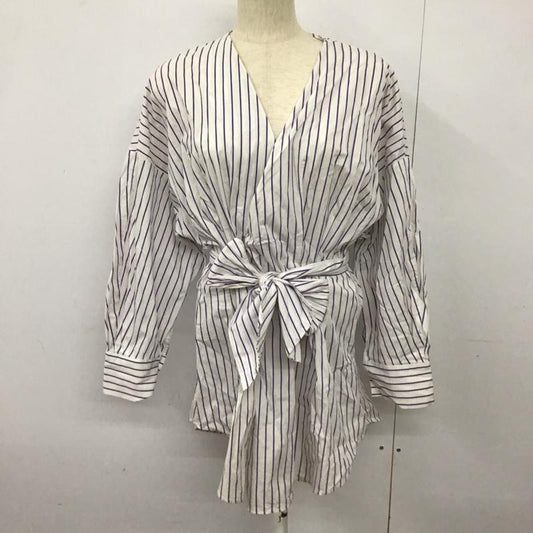 ザラウーマン ZARA WOMAN シャツ、ブラウス 長袖 長袖シャツ ストライプシャツ ノーカラーシャツ ウエスト切り替え M ストライプ 白 / ホワイト / X 紺 / ネイビー /  レディース USED 古着 中古 10125185