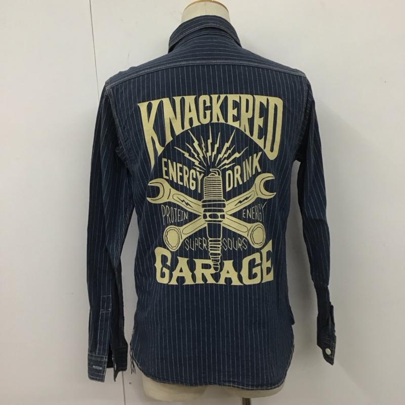 ナッカード KNACKERED シャツ、ブラウス 長袖 40117 バックプリント ロゴ ワークシャツ M ストライプ 紺 / ネイビー /  メンズ USED 古着 中古 10107041