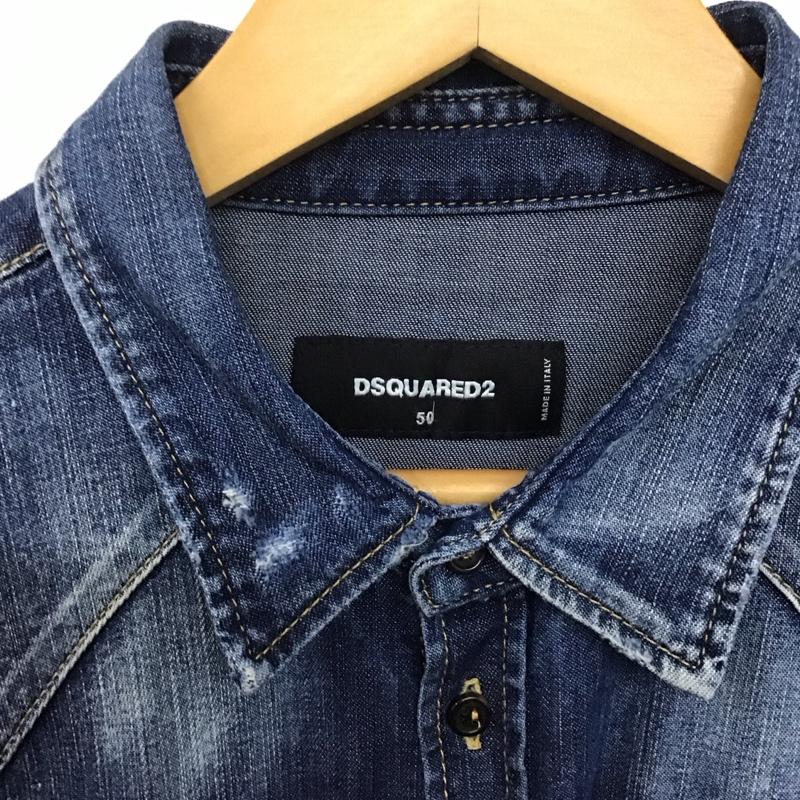 ディースクエアード2 DSQUARED2 シャツ、ブラウス 長袖 長袖シャツ デニムシャツ カラーシャツ ダメージ加工 X ロゴ、文字 インディゴ / インディゴ /  メンズ USED 古着 中古 10142095