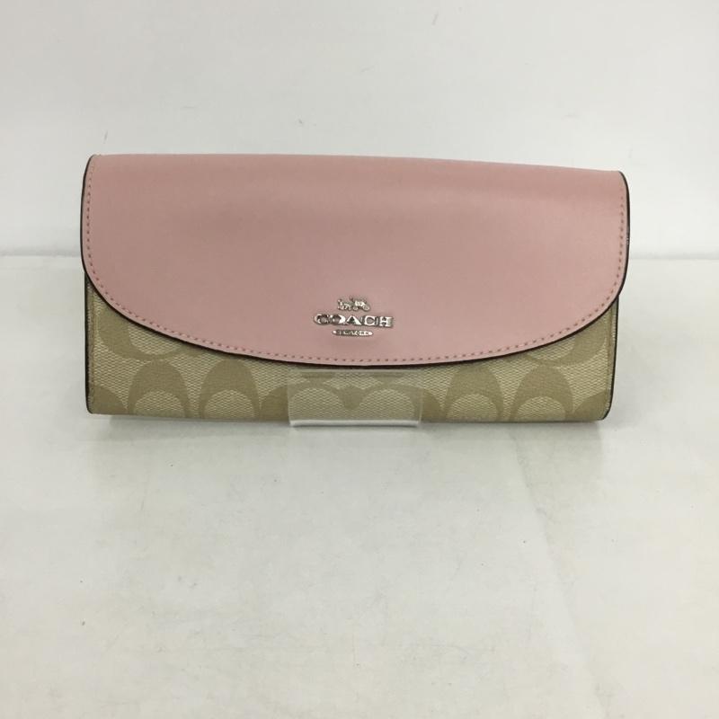 コーチ COACH 財布 長財布 F54022 シグネチャー ロゴ、文字 桃 / ピンク / X ベージュ / ベージュ /  レディース USED 古着 中古 10145884
