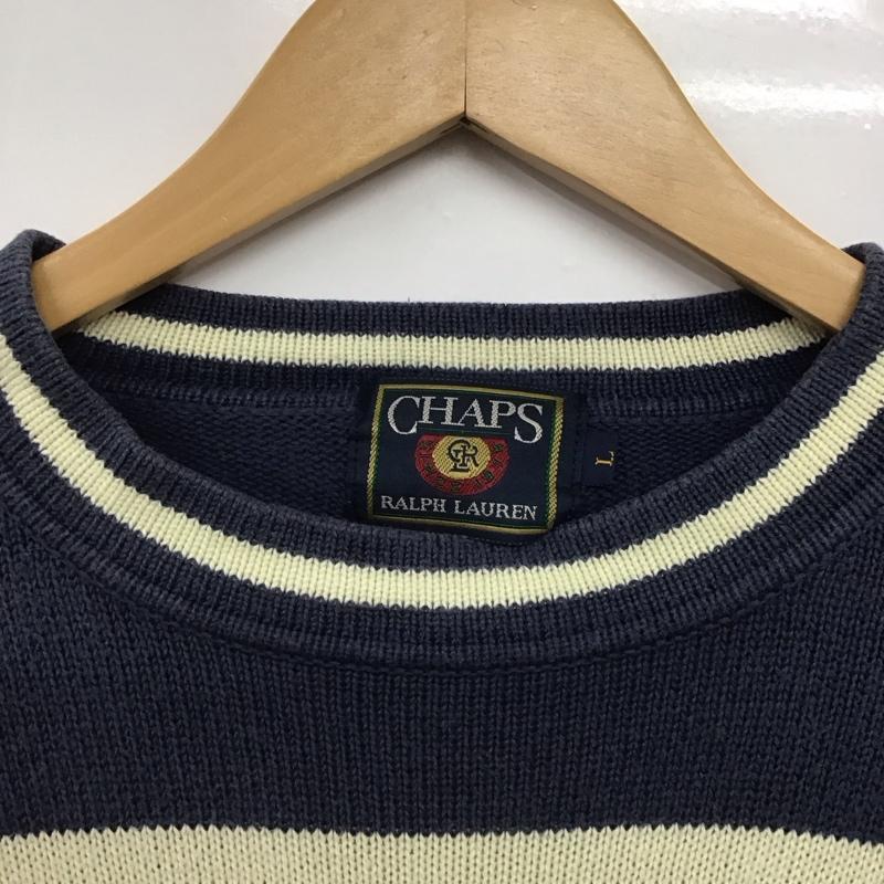 チャップス CHAPS ニット、セーター 長袖 長袖ニットカットソー クルーネック セーター 90s L プリント 白 / ホワイト / X 紺 / ネイビー /  メンズ USED 古着 中古 10142404