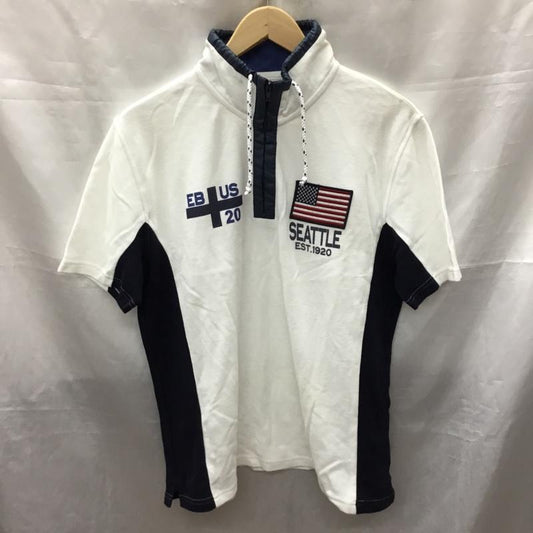 エディーバウアー Eddie Bauer カットソー 半袖 ハーフジップ M ロゴ、文字 白 / ホワイト / X 紺 / ネイビー /  メンズ USED 古着 中古 10117803