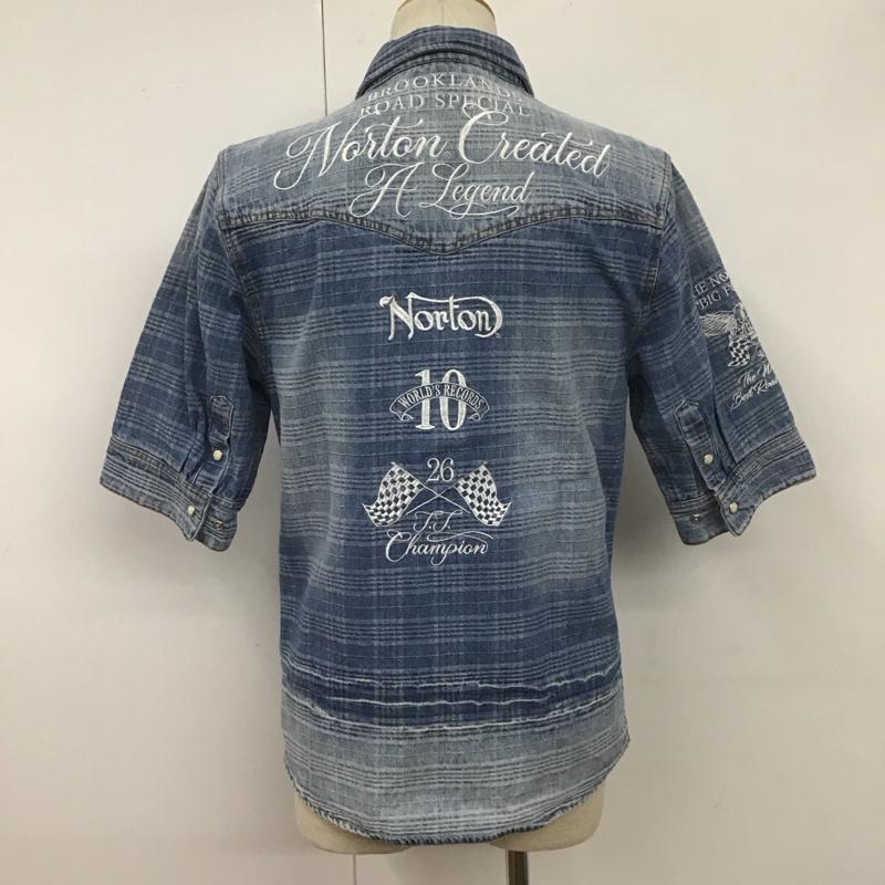 ノートン Norton シャツ、ブラウス 半袖 222N1500 チェックデニムシャツ 刺繍 バイク バイカー 半袖シャツ M ロゴ、文字 X 刺繍 インディゴ / インディゴ /  メンズ USED 古着 中古 10107749