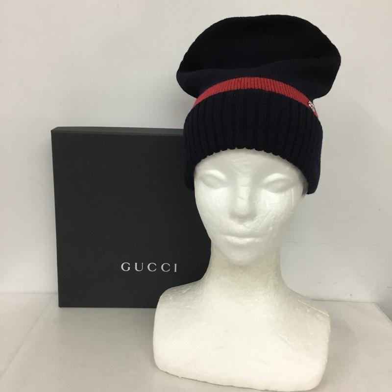 グッチ GUCCI 帽子 ニット帽 箱有 GG ワンポイント 紺 / ネイビー / X 赤 / レッド /  メンズ USED 古着 中古 10144330