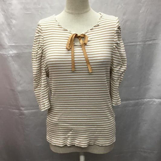 マジェスティックレゴン MAJESTIC LEGON カットソー 七分袖 1007018400 2wayアソートパワショルトップス 前後着 M ボーダー柄 白 / ホワイト / X ベージュ / ベージュ /  レディース USED 古着 中古 10107322