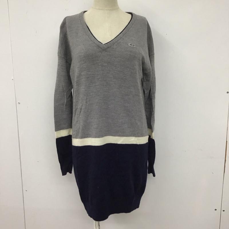 ラコステ LACOSTE ワンピース ひざ丈スカート EF5286 DEVANLAY ニットワンピース Vネック ウール 34 ワンポイント 灰 / グレー / X 白 / ホワイト / X 紺 / ネイビー /  レディース USED 古着 中古 10107939