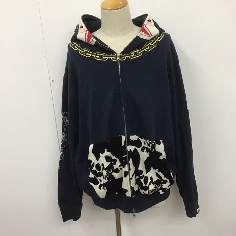 アベイシングエイプ A BATHING APE パーカー 長袖 ジップアップパーカー 長袖パーカー フード付きパーカー 長袖スウェット XL ロゴ、文字 紺 / ネイビー /  メンズ USED 古着 中古 10107416