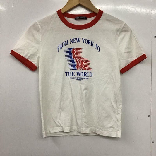 ザラ ZARA Tシャツ 半袖 半袖カットソー プリントTシャツ クルーネックカットソー M プリント 白 / ホワイト /  レディース USED 古着 中古 10149559