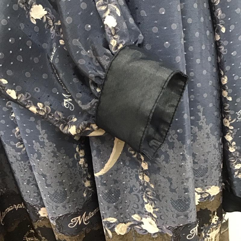 メタモルフォーゼ Metamorphose ワンピース ひざ丈スカート 長袖ワンピース フレアワンピース 袖フリル セーラーカラー 総柄 紺 / ネイビー /  レディース USED 古着 中古 10124134