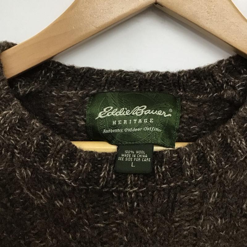 エディーバウアー Eddie Bauer ニット、セーター 長袖 長袖ニットカットソー クルーネック セーター L 無地 茶 / ブラウン /  メンズ USED 古着 中古 10142385