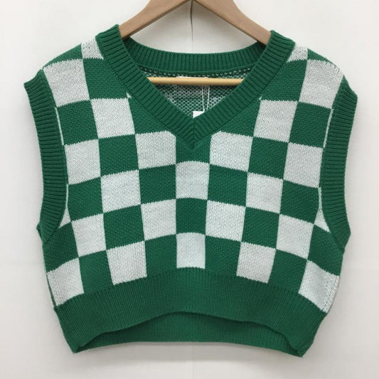 イング INGNI ベスト ベスト M 格子柄 白 / ホワイト / X 緑 / グリーン /  レディース USED 古着 中古 10139266
