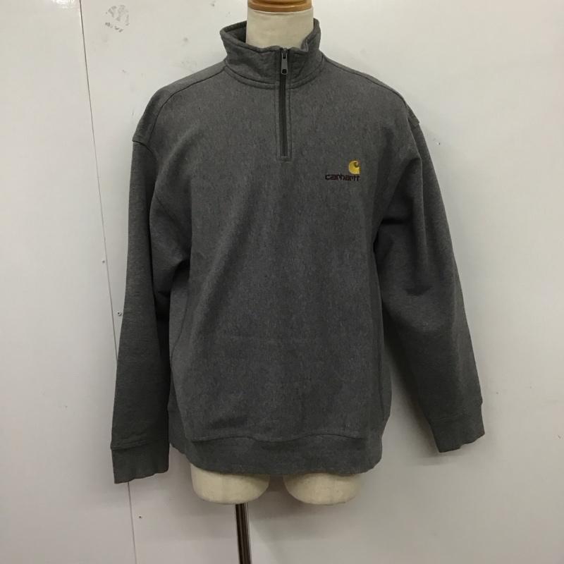 カーハート Carhartt トレーナー 長袖 長袖スウェット 長袖トレーナー リブカットソー 長袖カットソー ジップアップカラー L ロゴ、文字 灰 / グレー /  メンズ USED 古着 中古 10124692