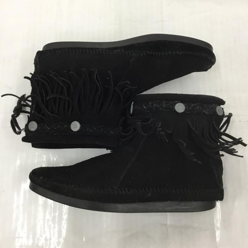 ミネトンカ Minnetonka ブーツ ショートブーツ 299 earth music&ecology コラボ フリンジ 1613107 無地 黒 / ブラック /  レディース USED 古着 中古 10105966