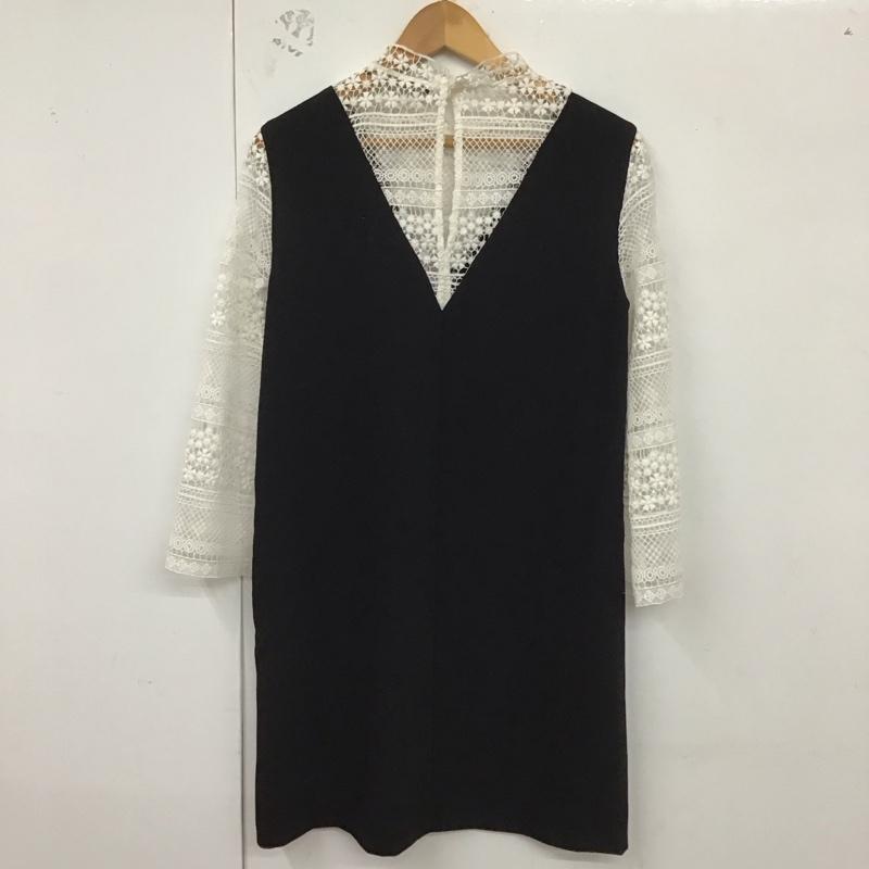 ザラ ZARA ワンピース ひざ丈スカート 1608 053 084 ドッキングワンピース スタンドカラー 七分袖 S レース柄 白 / ホワイト / X 黒 / ブラック /  レディース USED 古着 中古 10129197