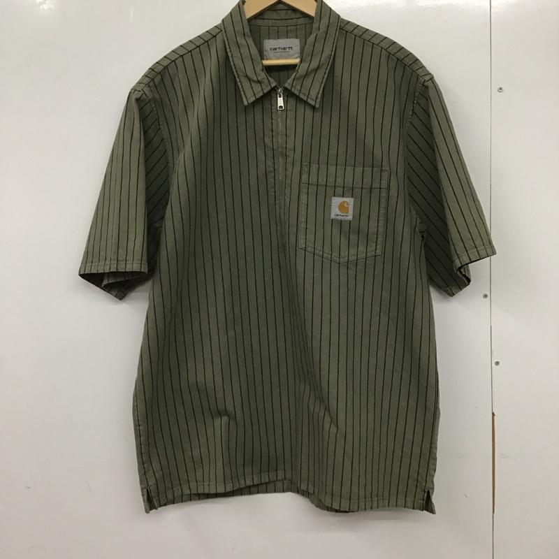 カーハート Carhartt シャツ、ブラウス 半袖 半袖シャツ ストライプシャツ ジップアップカラーシャツ XL ストライプ カーキ / カーキ /  メンズ USED 古着 中古 10133686