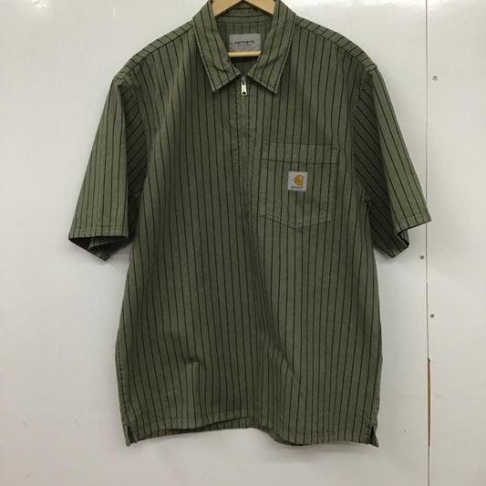 カーハート Carhartt シャツ、ブラウス 半袖 半袖シャツ ストライプシャツ ジップアップカラーシャツ XL ストライプ カーキ / カーキ /  メンズ USED 古着 中古 10133686
