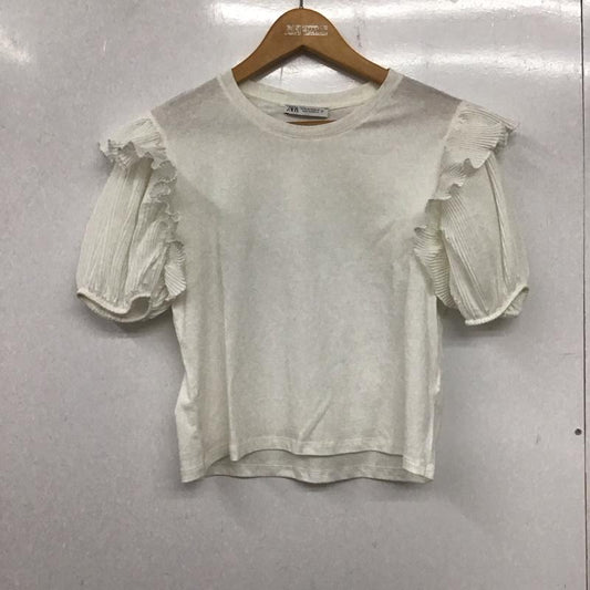 ザラ ZARA カットソー 半袖 0085 378 251 袖プリーツ フリル M 無地 白 / ホワイト /  レディース USED 古着 中古 10139119
