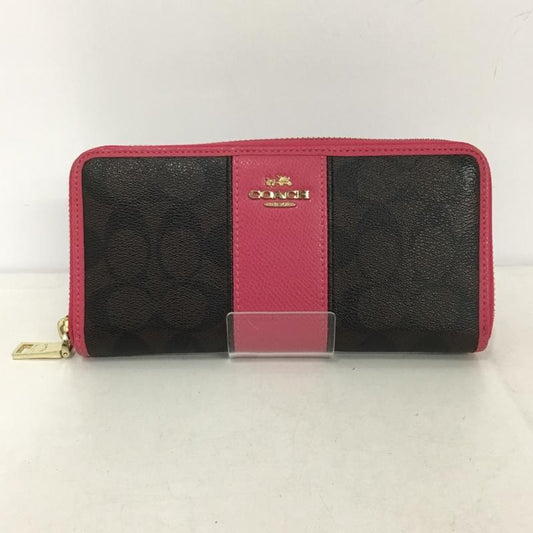 コーチ COACH 財布 長財布 H1520 ラウンドファスナー ロゴ、文字 桃 / ピンク / X ダークブラウン / ダークブラウン /  レディース USED 古着 中古 10144839