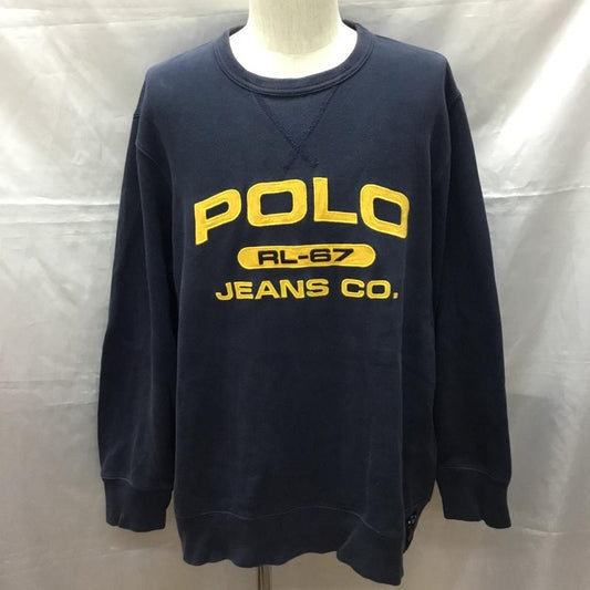 ポロジーンズカンパニー POLO JEANS COMPANY トレーナー 長袖 長袖トレーナー スウェット クルーネック リブスウェットカットソー L ロゴ、文字 紺 / ネイビー /  メンズ USED 古着 中古 10114995