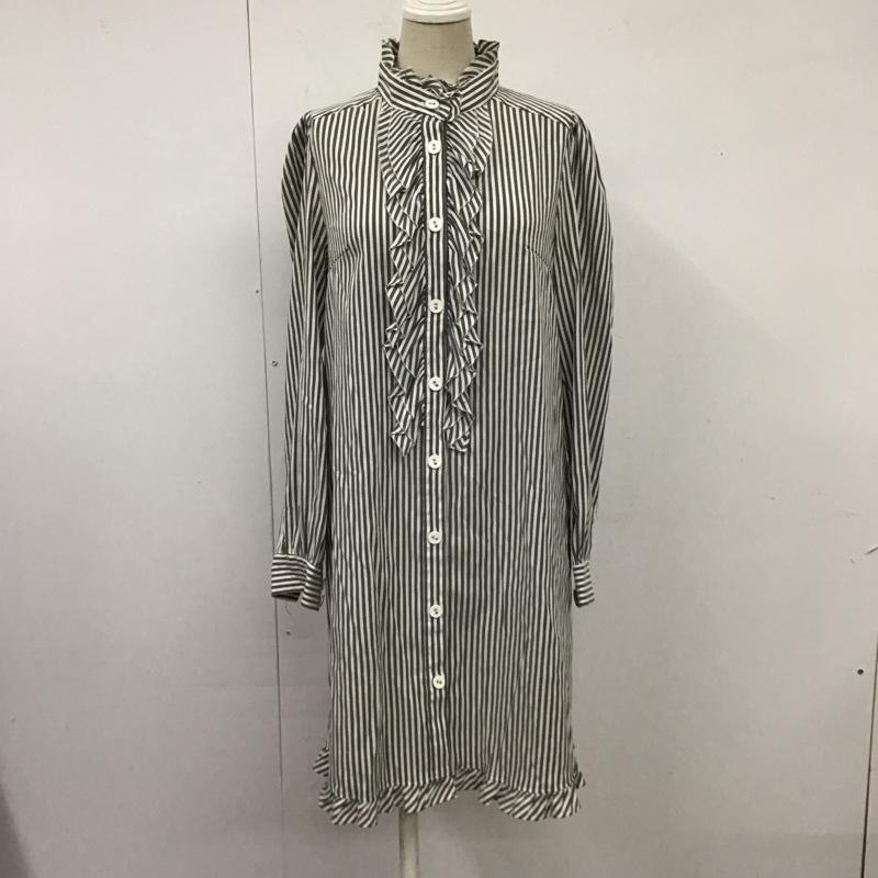 ミニマム MINIMUM ワンピース ひざ丈スカート 639-52121 フリル スタンドカラー 2 ストライプ 白 / ホワイト / X 黒 / ブラック /  レディース USED 古着 中古 10114976