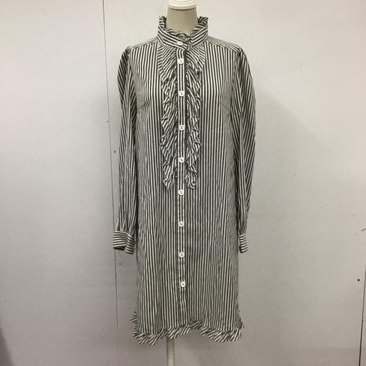 ミニマム MINIMUM ワンピース ひざ丈スカート 639-52121 フリル スタンドカラー 2 ストライプ 白 / ホワイト / X 黒 / ブラック /  レディース USED 古着 中古 10114976
