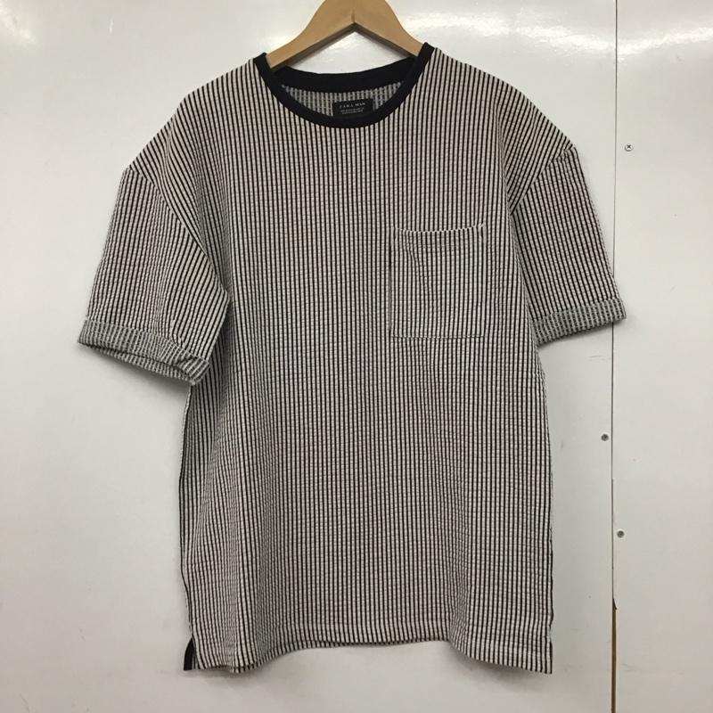 ザラメン ZARA MAN カットソー 半袖 半袖カットソー プリントTシャツ クルーネックカットソー M ストライプ 白 / ホワイト / X 黒 / ブラック /  メンズ USED 古着 中古 10145535