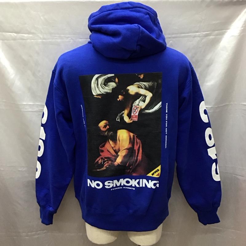 エフアールツー FR2 パーカー 長袖 プルオーバー 裏起毛 スリーブロゴ バックプリント NO SMOKING L ロゴ、文字 青 / ブルー /  メンズ USED 古着 中古 10112391