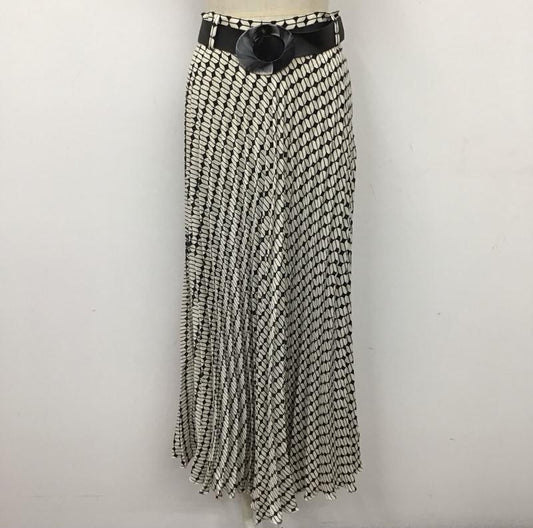 ザラ ZARA スカート ロングスカート 3564 216 064 プリーツスカート ベルト付き S 総柄 黒 / ブラック / X アイボリー / アイボリー /  レディース USED 古着 中古 10118500