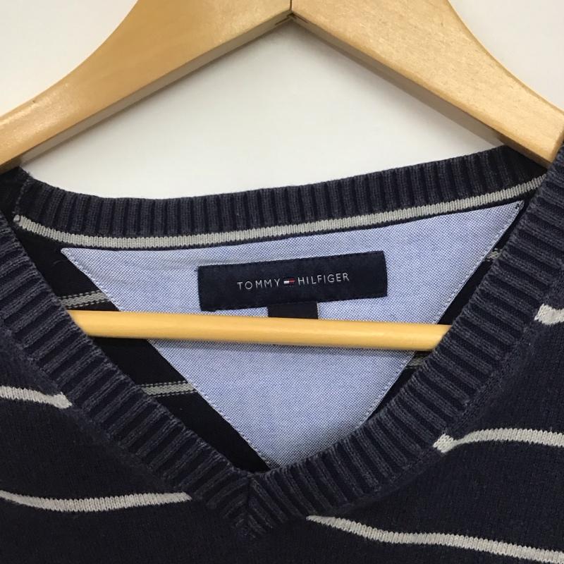 トミーヒルフィガー TOMMY HILFIGER ニット、セーター 長袖 長袖ニットカットソー Vネック セーター L ボーダー柄 紺 / ネイビー /  メンズ USED 古着 中古 10143542