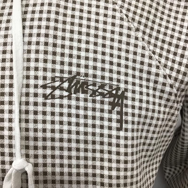 ステューシー STUSSY パーカー 長袖 ジップパーカー M チェック X ロゴ、文字 白 / ホワイト / X 茶 / ブラウン /  メンズ USED 古着 中古 10120536