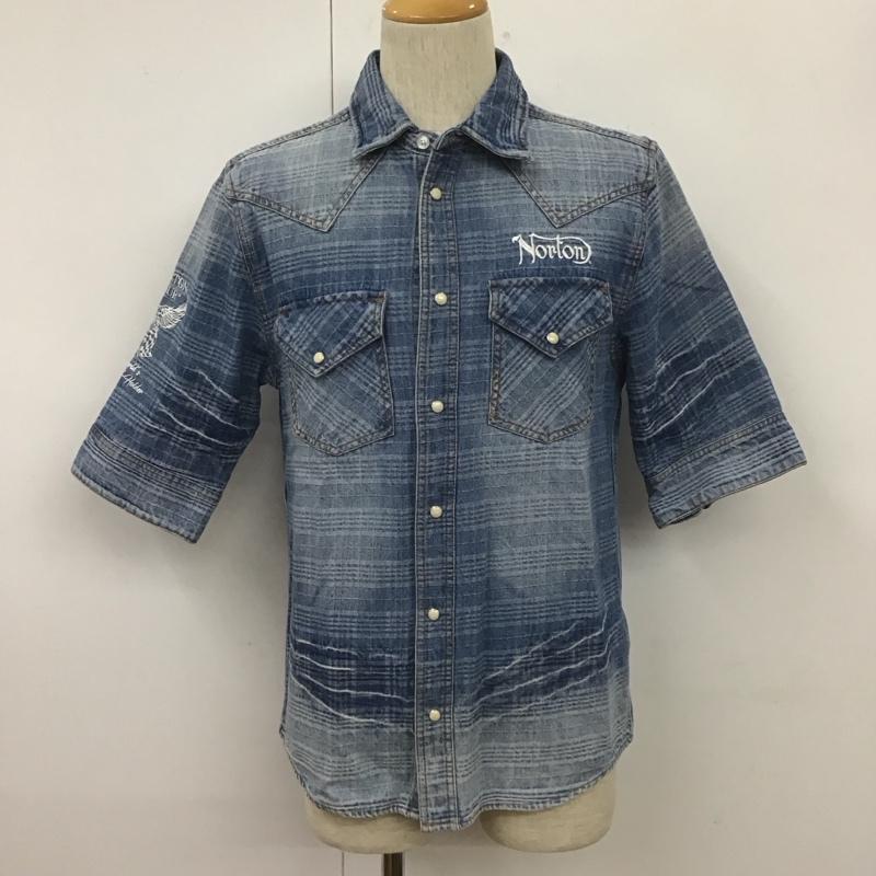 ノートン Norton シャツ、ブラウス 半袖 222N1500 チェックデニムシャツ 刺繍 バイク バイカー 半袖シャツ M ロゴ、文字 X 刺繍 インディゴ / インディゴ /  メンズ USED 古着 中古 10107749