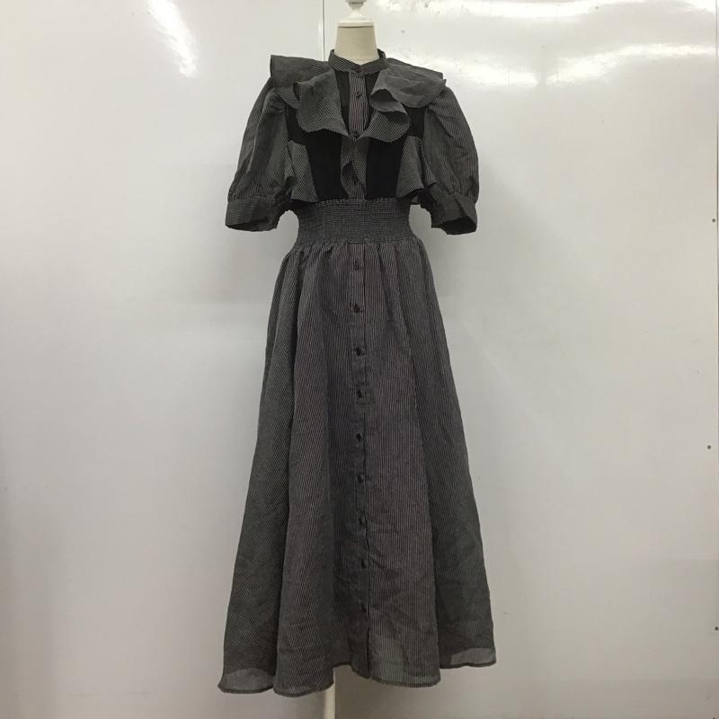 リエンダ rienda ワンピース ロングスカート 110GA633-1560 ラッフルデザインフレアOP 半袖 M ストライプ 黒 / ブラック / X 白 / ホワイト /  レディース USED 古着 中古 10108610