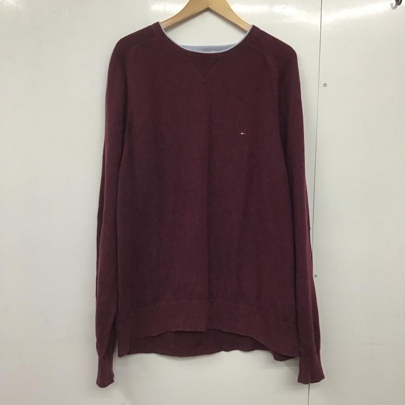トミーヒルフィガー TOMMY HILFIGER ニット、セーター 長袖 長袖ニットカットソー クルーネック セーター XL ロゴ、文字 えんじ / ワインレッド /  メンズ USED 古着 中古 10141810