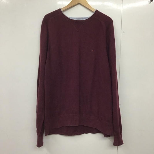 トミーヒルフィガー TOMMY HILFIGER ニット、セーター 長袖 長袖ニットカットソー クルーネック セーター XL ロゴ、文字 えんじ / ワインレッド /  メンズ USED 古着 中古 10141810