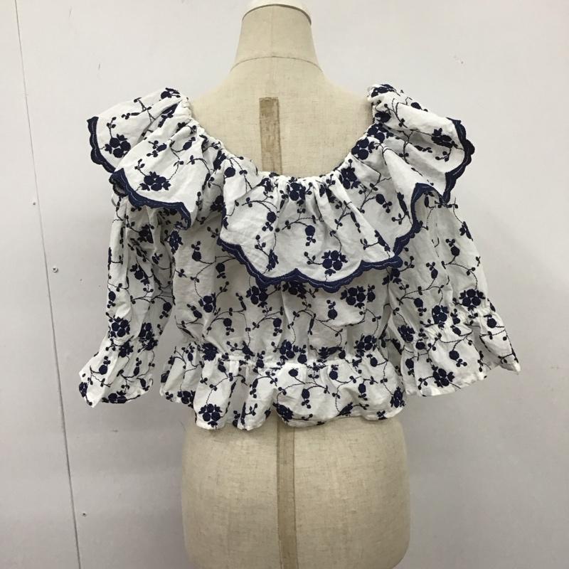 ザラ ZARA カットソー 半袖 2298 063 066 ショート丈 リボン パフスリーブ M 刺繍 白 / ホワイト / X 紺 / ネイビー /  レディース USED 古着 中古 10106710